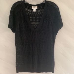 Ann Taylor LOFT Womens XLP Black V-Neck Short Sleeve Crochet Cover Up Top